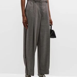 GANNI Grey Herringbone Suiting Relaxed Pleated Pants with lace trim
